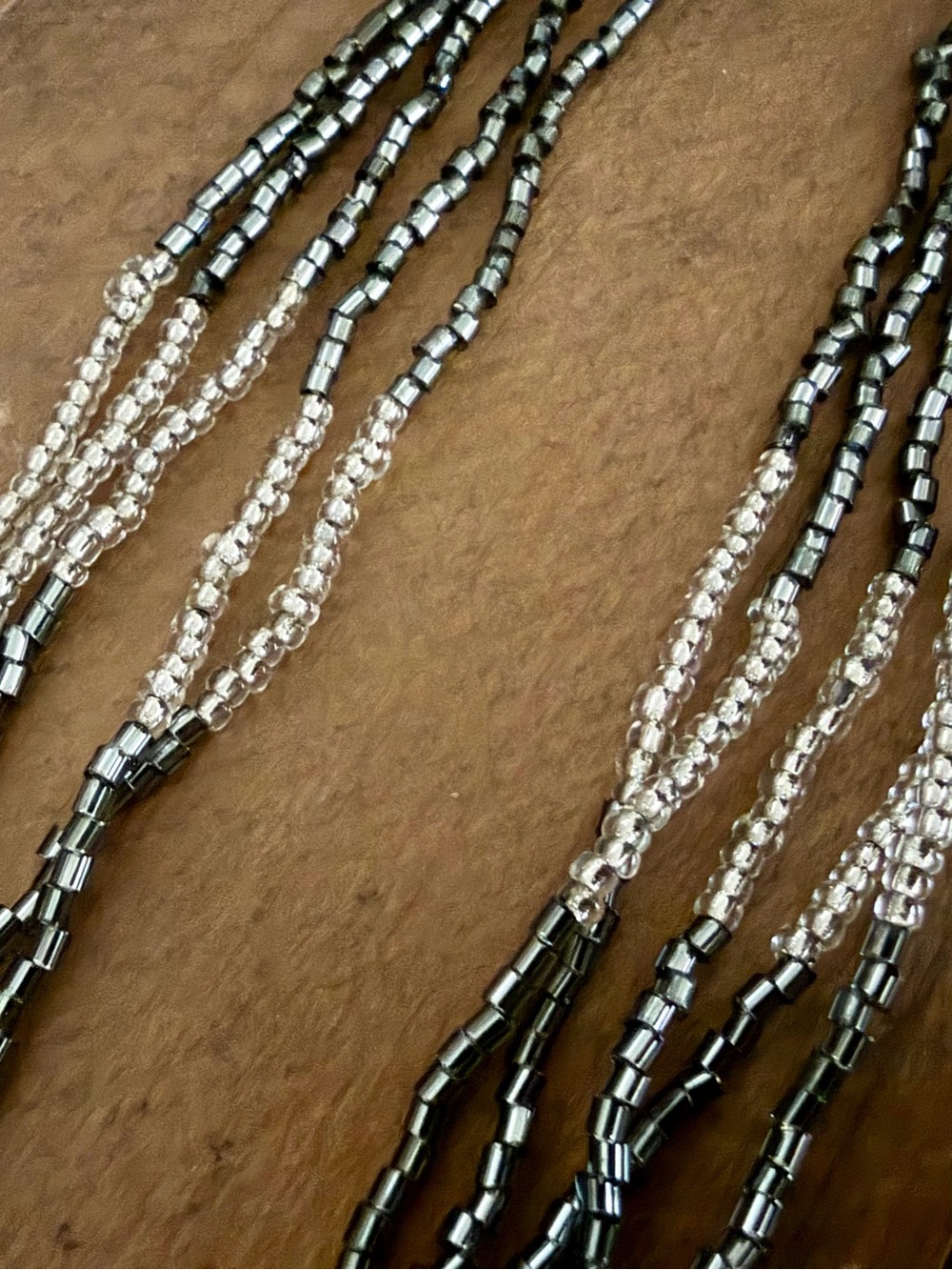 NWT MULTI-STRAND NECKLACE W GUNMETAL BUGLE BEEDS & SEGMENTS OF CLEAR SEED BEADS